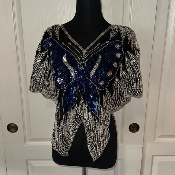 VINTAGE BUTTERFLY SEQUIN & SILK BLOUSE - Picture 1 of 8